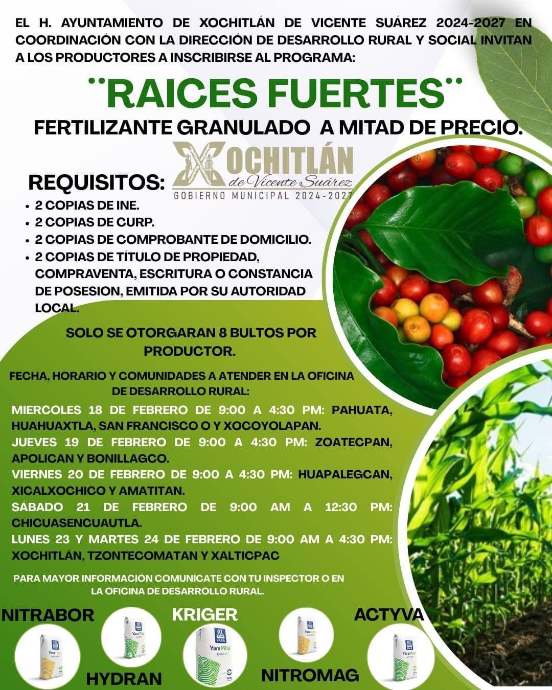 invita a todos los productores del municipio y sus comunidades a inscribirse al programa: 🌱 𝐑𝐀𝐈𝐂𝐄𝐒 𝐅𝐔𝐄𝐑𝐓𝐄𝐒 🌱